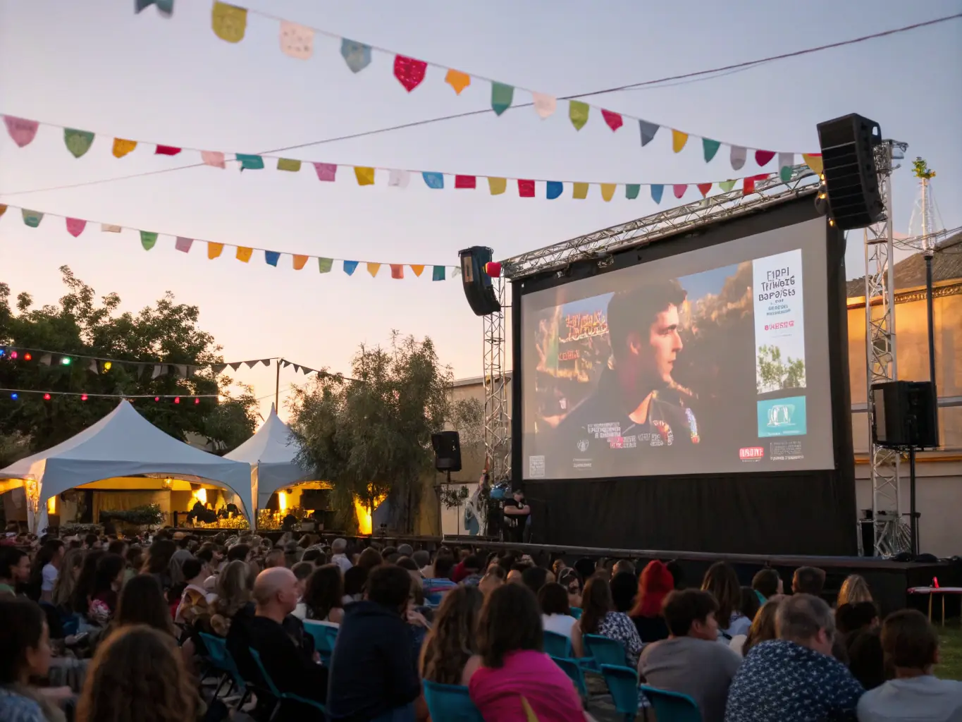 A vibrant image of a film festival with attendees, banners, and a panel discussion, representing the cultural events hosted by LES AMIS DU CINE 89.