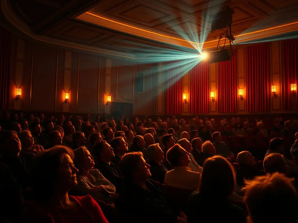 A vibrant scene from a classic film screening, with a diverse audience enjoying the movie in a cozy cinema setting. The image should convey a sense of community and shared appreciation for cinema.