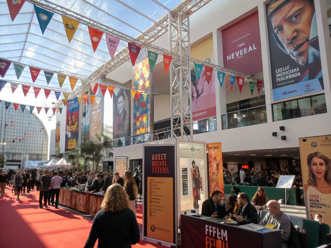 A lively scene from a cultural film festival, featuring diverse attendees, guest speakers, and engaging panel discussions. The image should capture the excitement and cultural exchange of the event.