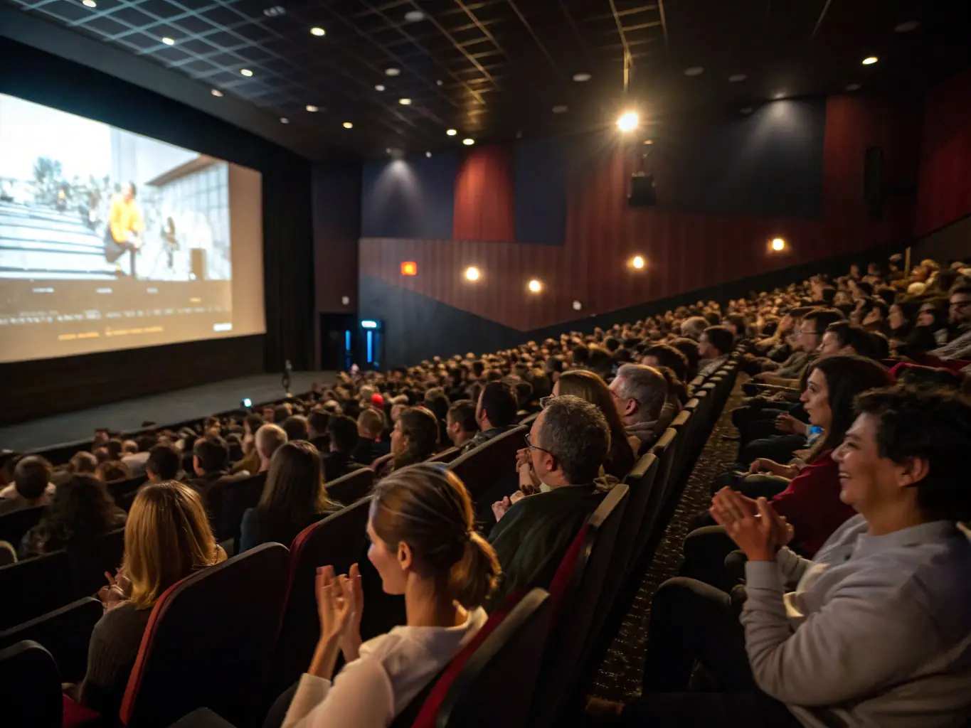 An image of a cozy cinema hall with an audience watching a classic film on the big screen, capturing the essence of a LES AMIS DU CINE 89 cinematic screening event.