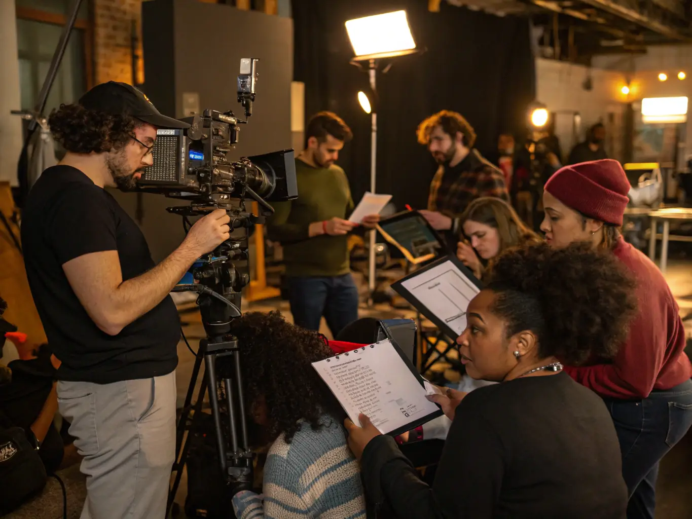 A group of people participating in a film-related workshop, learning about filmmaking techniques and cinematic storytelling. The image should convey a sense of learning, creativity, and hands-on experience.
