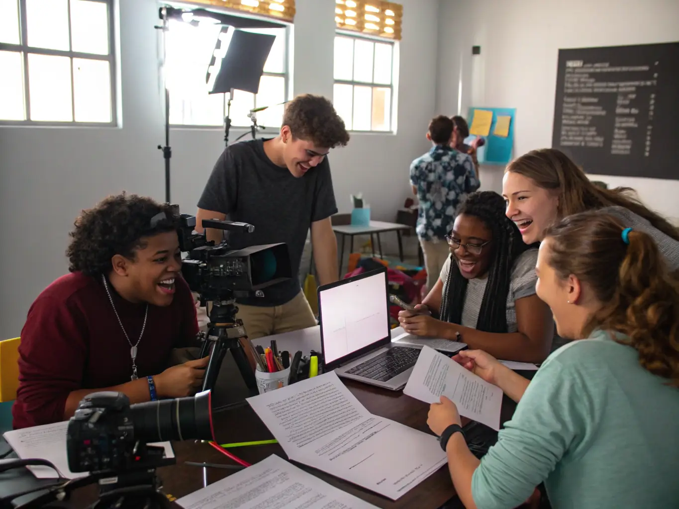A photograph capturing a film workshop in progress, with participants actively engaged in learning about filmmaking techniques.